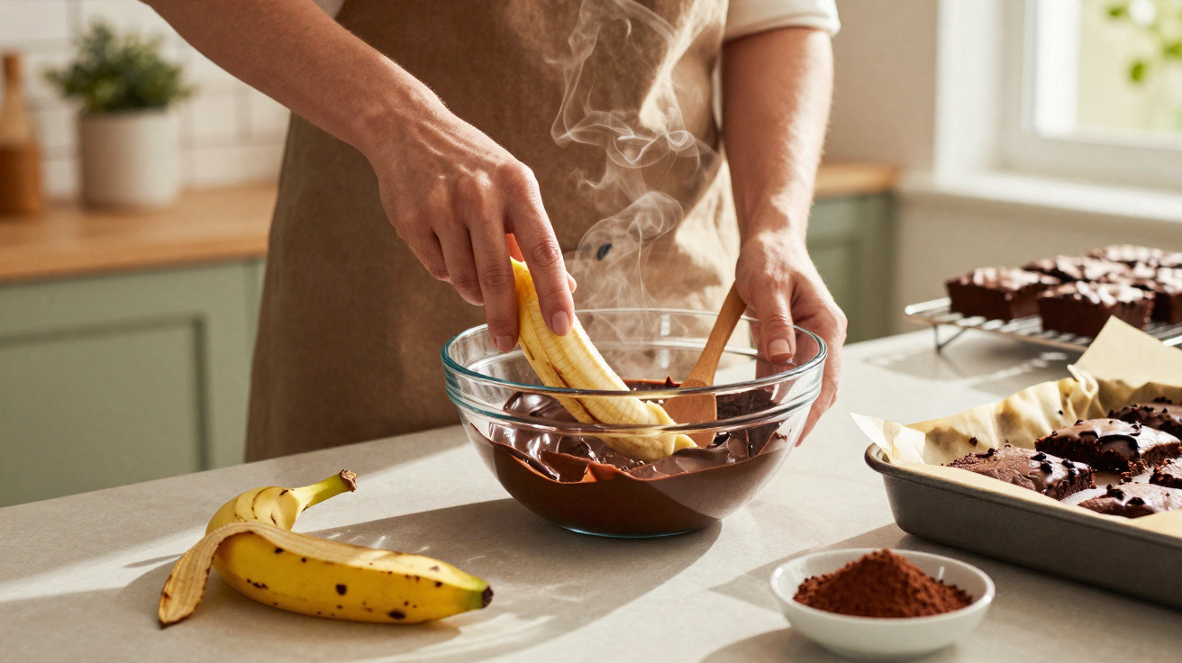 Pessoa mergulhando banana em chocolate derretido em tigela de vidro na cozinha iluminada.