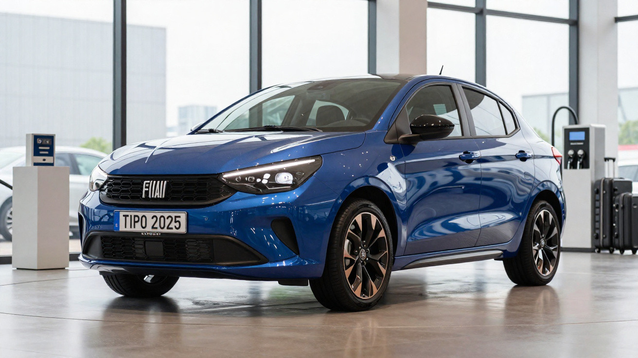Carro Fiat Tipo 2025 azul exibido em showroom moderno com luz natural e piso claro.