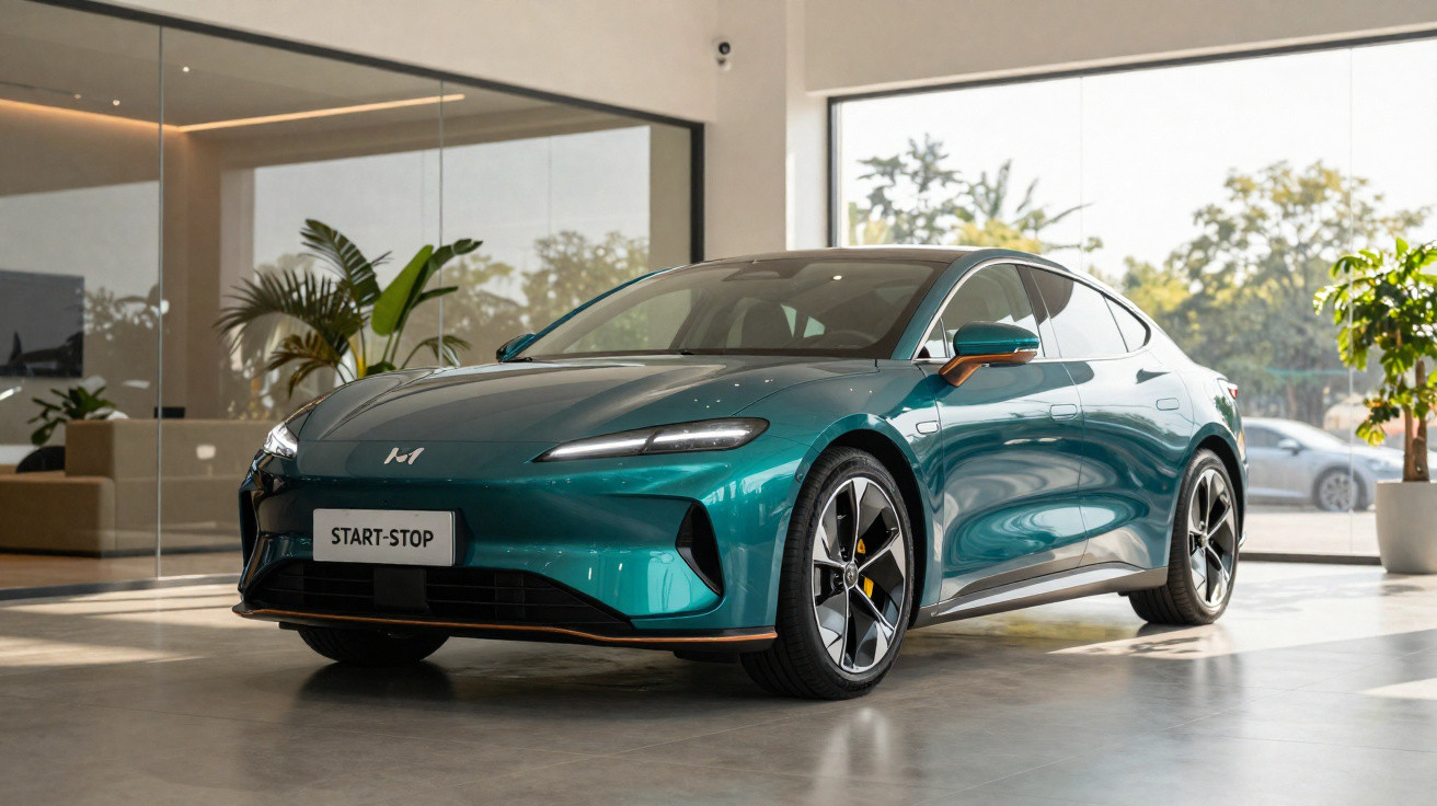 Carro elétrico esportivo azul em exposição dentro de showroom moderno e bem iluminado.