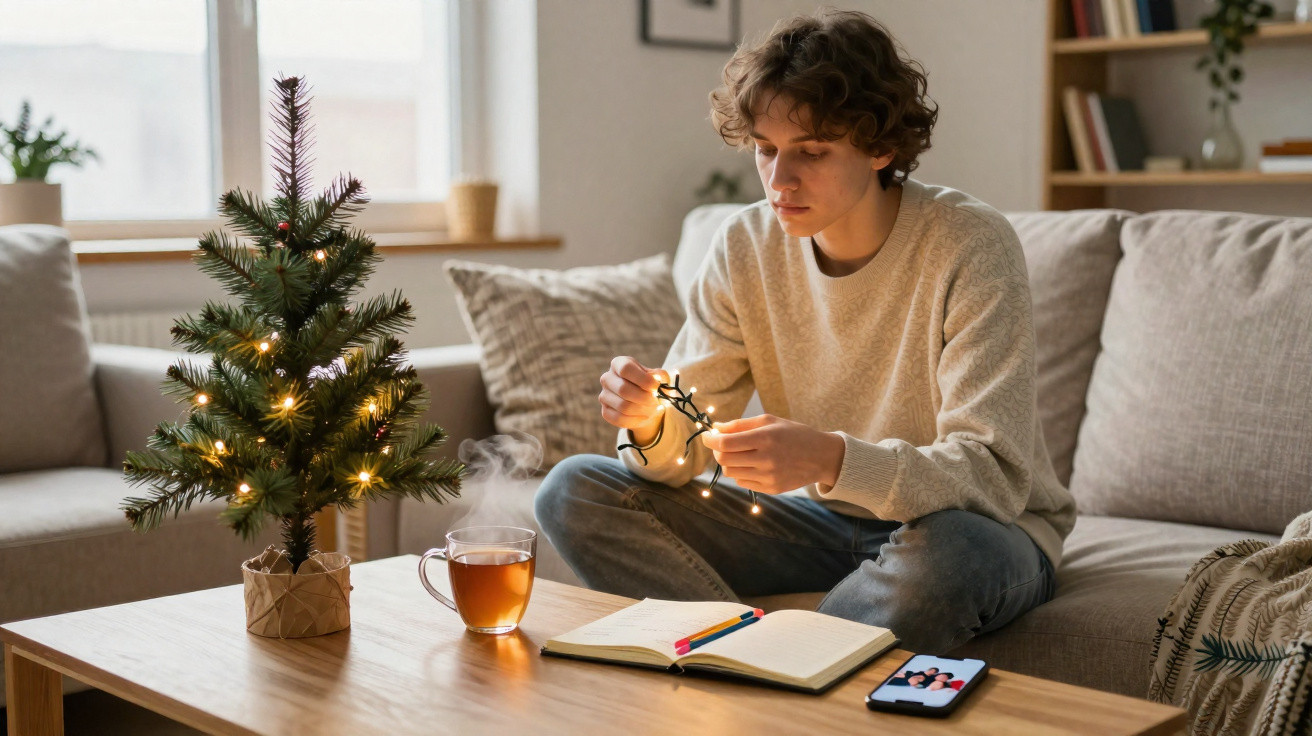 Jovem sentado no sofá decorando árvore de Natal com luzes, ao lado de chá, caderno e celular na mesa.