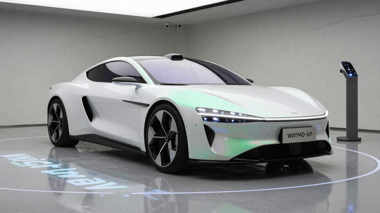 Carro elétrico branco Waymo-XP exibido em ambiente interno com estação de recarga ao fundo.