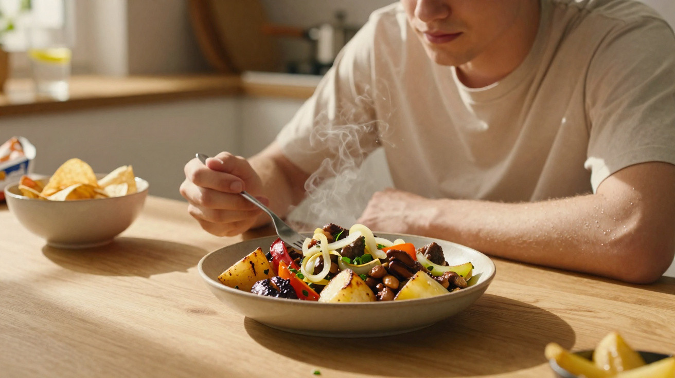 Pessoa prestes a comer prato quente com batatas, legumes e feijão em mesa de madeira.