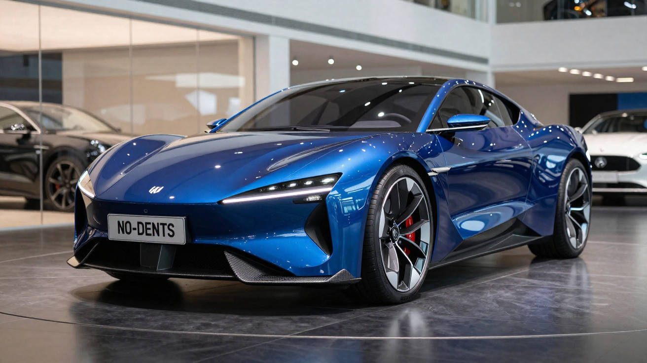 Carro esportivo azul metálico exibido em sala de exposição com teto e rodas grandes.
