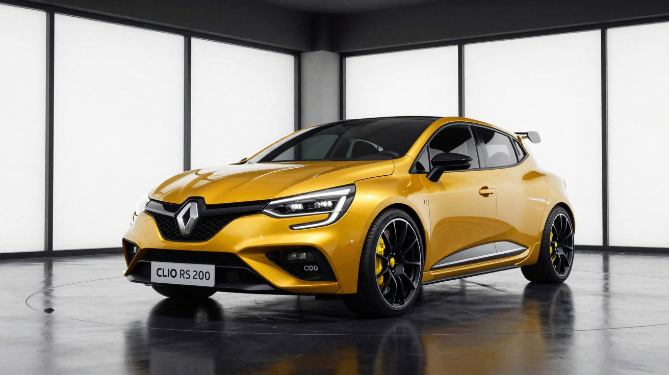Carro esportivo Renault Clio RS 200 dourado visto em estúdio com fundo branco e detalhes em preto.