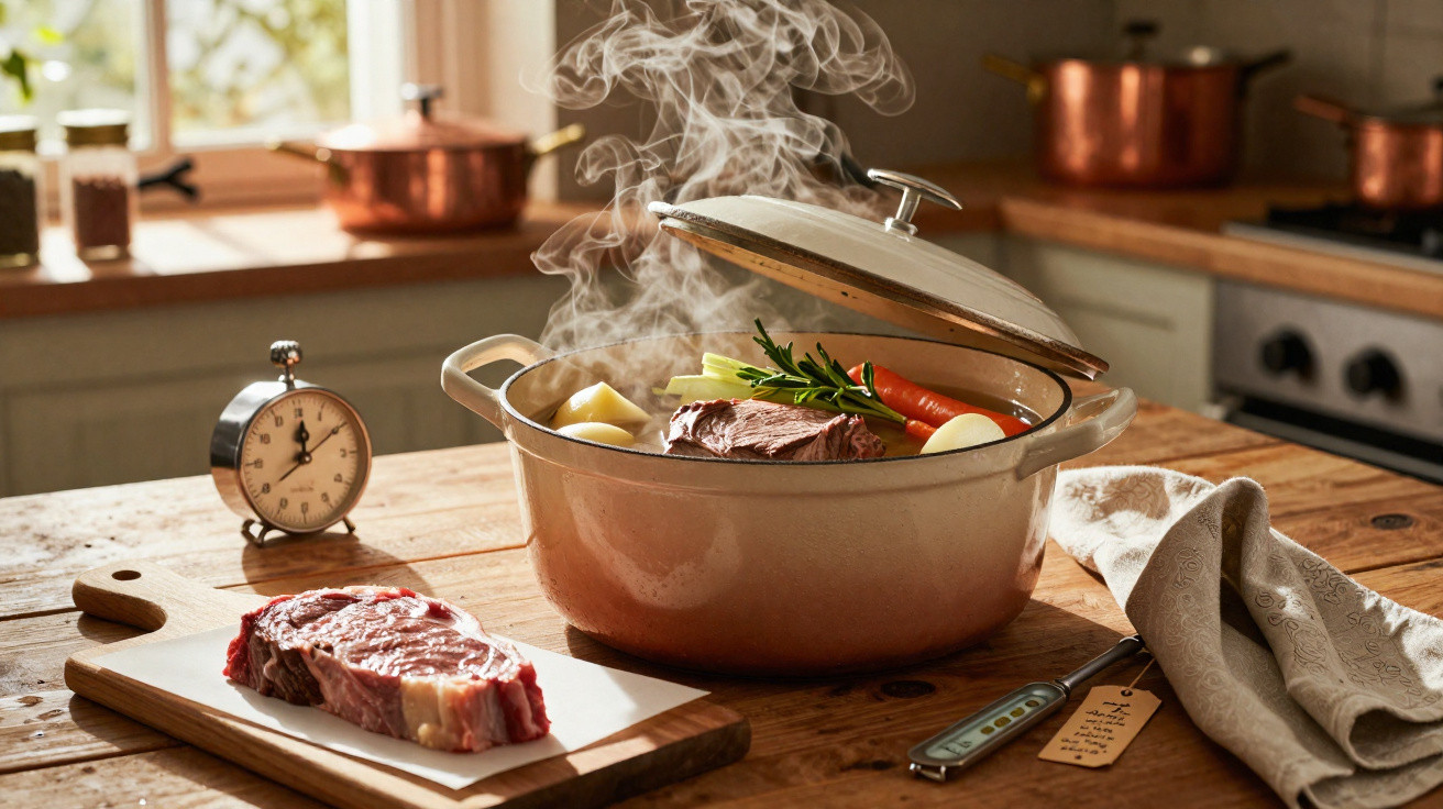 Panela com carne, batatas, cenoura e ervas cozinhando em cozinha rústica com vapor saindo da tampa.