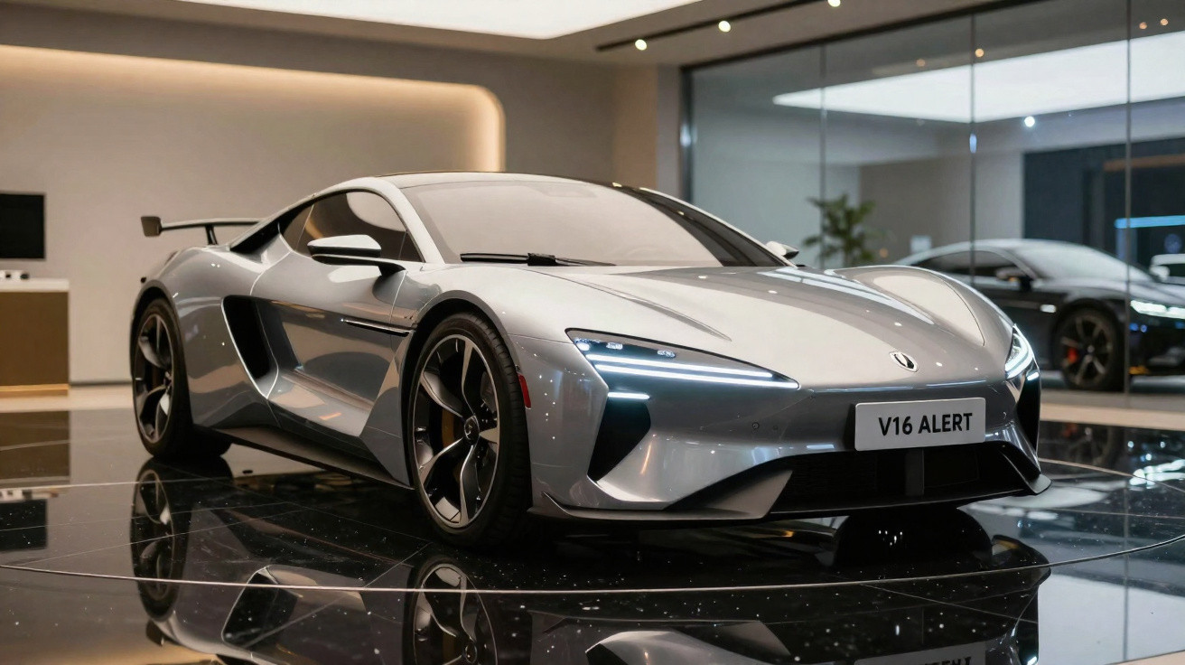 Carro esportivo prata com design futurista exposto em salão moderno com piso espelhado.