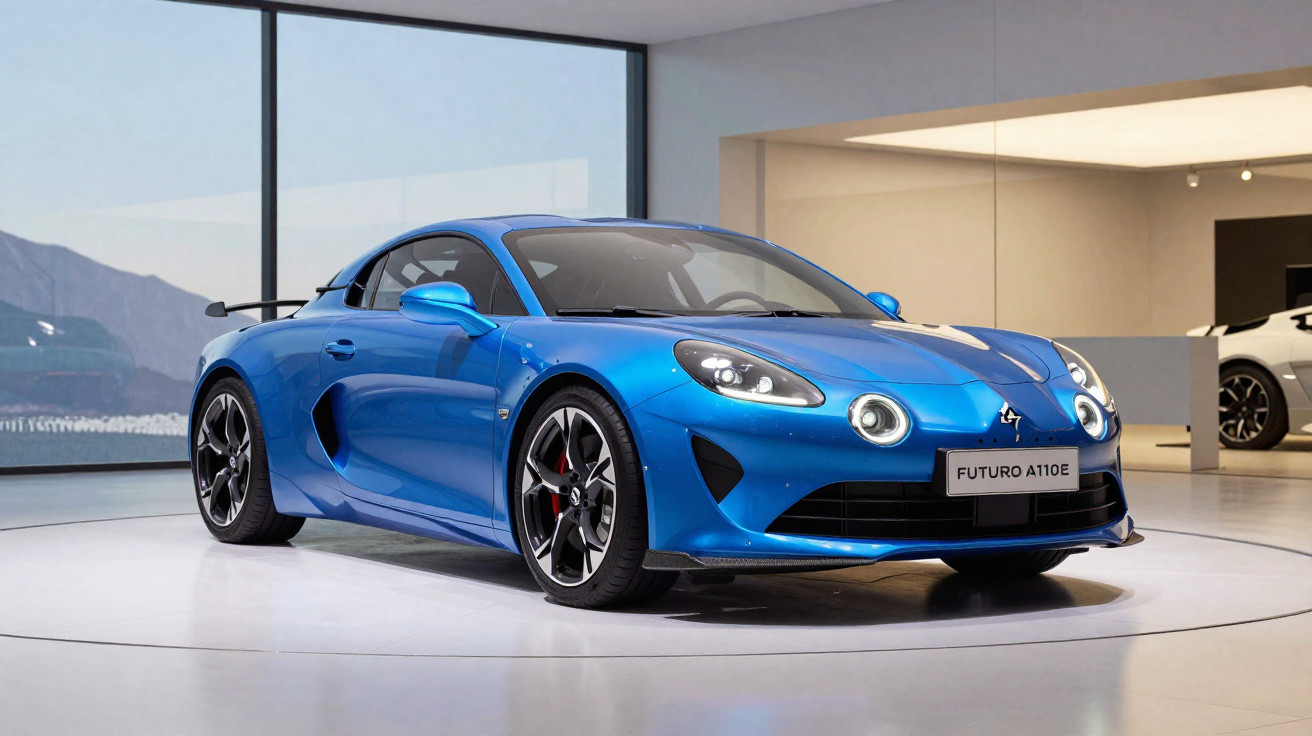 Carro esportivo azul futurista Alpine A110E exibido em ambiente interno moderno.