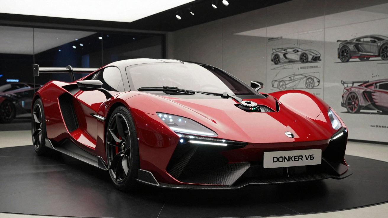 Carro esportivo vermelho Donker V6 em exposição, com design aerodinâmico e faróis acesos.