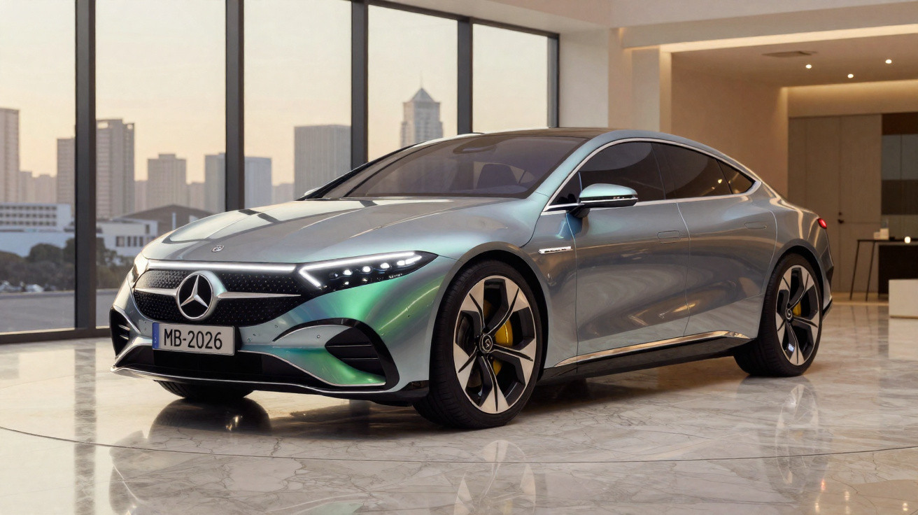 Carro elétrico Mercedes-Benz prateado modelo MB-2026 em showroom com grandes janelas e piso de mármore.