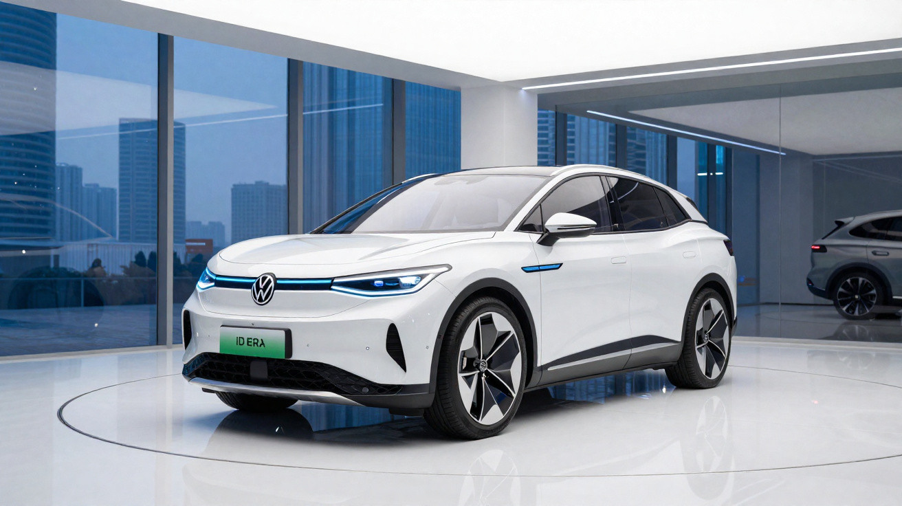 Carro elétrico branco Volkswagen ID. Era em exibição em showroom moderno com piso brilhante.