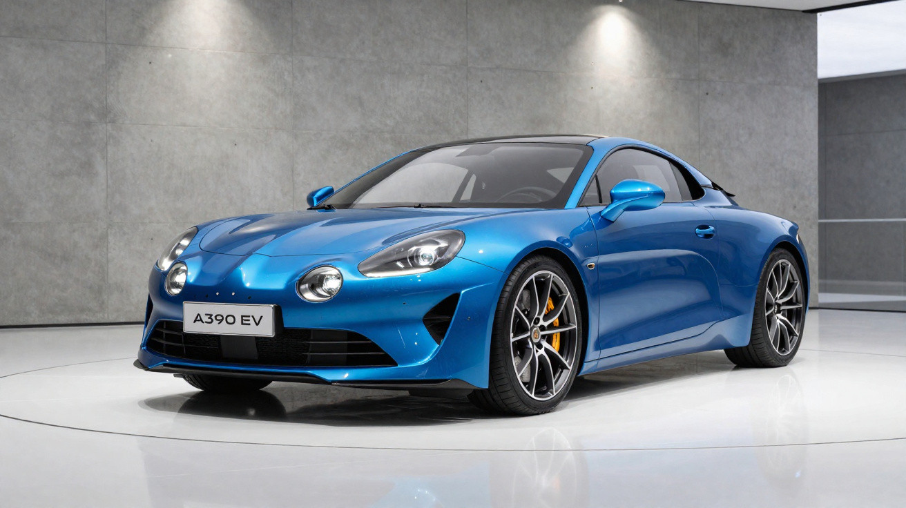 Carro esportivo azul elétrico Alpine A390 EV exibido em ambiente interno moderno.