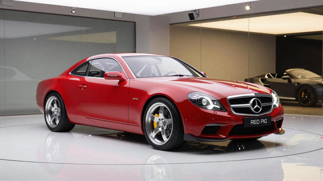 Carro esportivo vermelho Mercedes-Benz estacionado em ambiente interno com piso branco e espelho.
