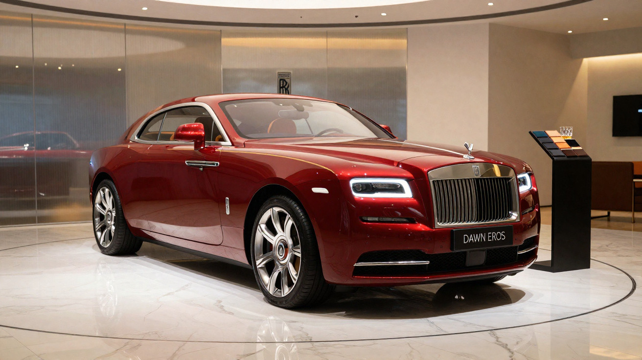 Carro de luxo Rolls-Royce Dawn Eros vermelho exposto em salão com piso de mármore branco.