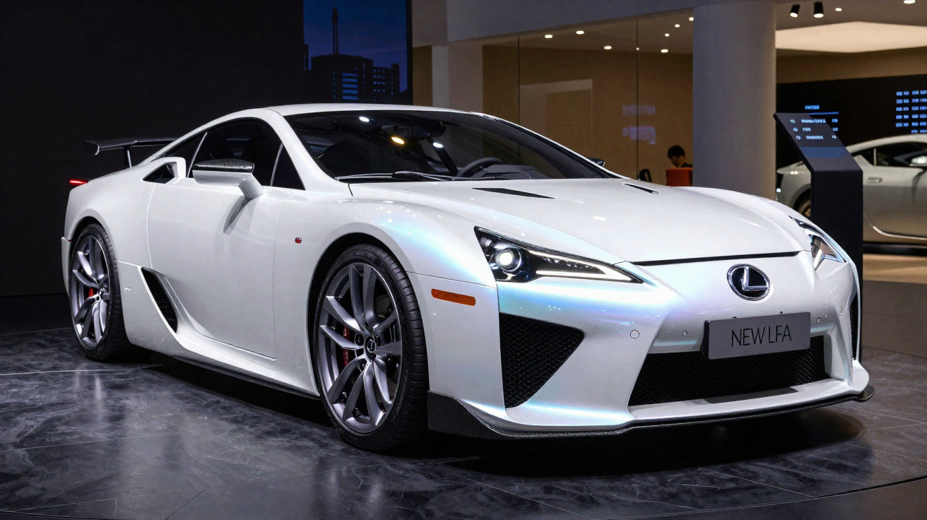 Carro esportivo branco Lexus New LFA exibido em salão com iluminação destacada.