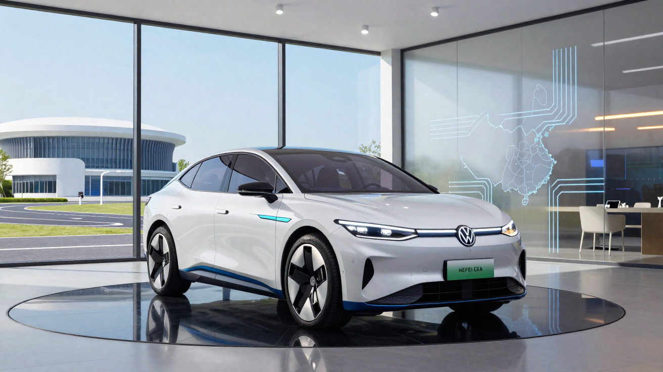 Carro elétrico Volkswagen prata exibido em showroom moderno com grande janela e prédio futurista ao fundo.