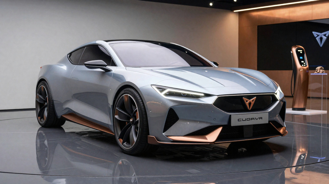 Carro esportivo cinza prateado Cupra CUVPVA exposto em showroom moderno com carregador elétrico ao fundo.