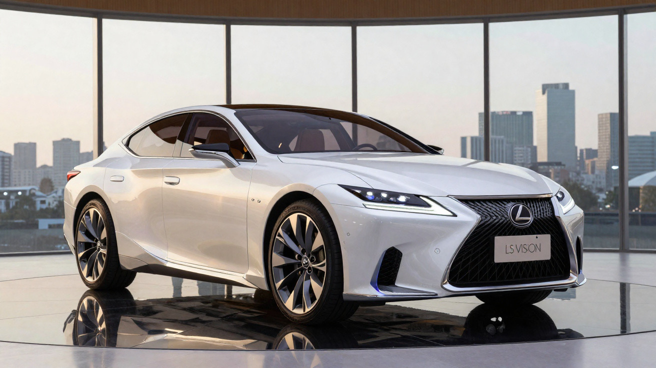 Carro esportivo branco Lexus LS Vision em estande com janela panorâmica e vista de cidade ao fundo.