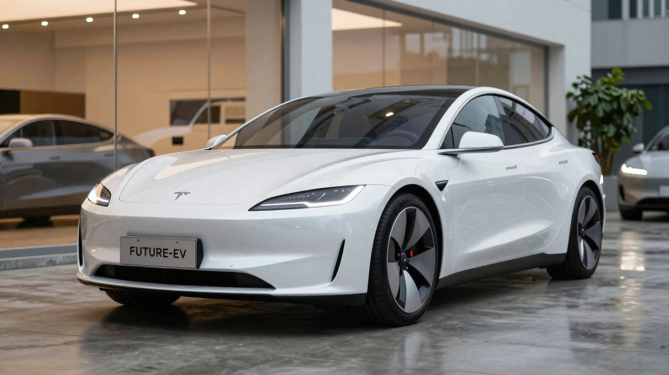Carro elétrico branco Tesla estacionado em showroom moderno com placa "FUTURE-EV" na frente.