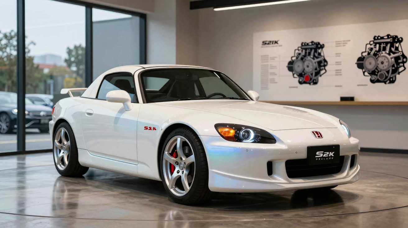 Carro esportivo branco Honda S2000 em exposição interna com iluminação suave e pinturas técnicas na parede.