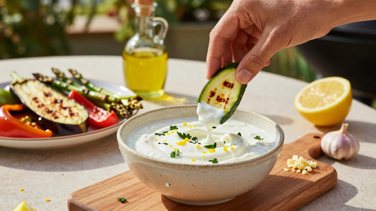 Mão segurando fatia de abobrinha grelhada sendo mergulhada em molho branco cremoso com ervas, ao lado de legumes grelhados.