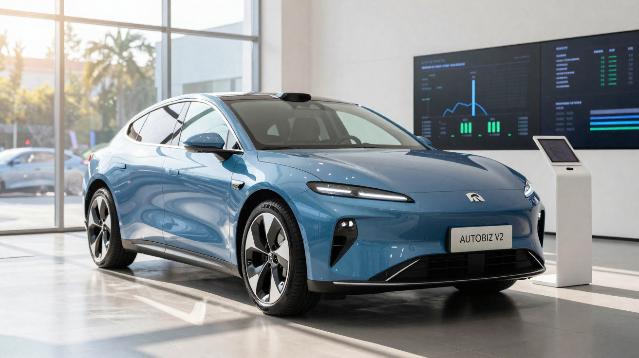 Carro elétrico azul exposto em showroom moderno com tela de dados ao fundo.