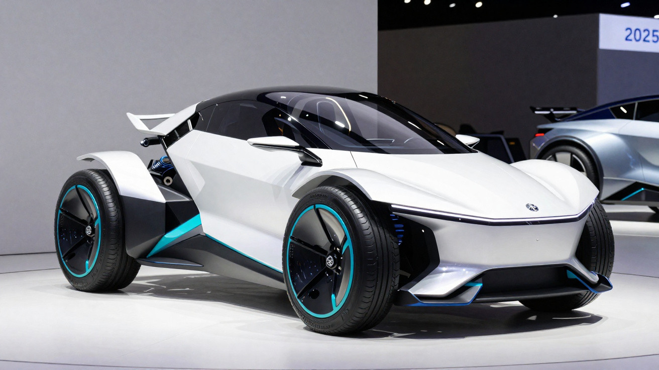 Carro conceito branco com design futurista, rodas grandes e detalhes azuis exposto em salão automotivo.