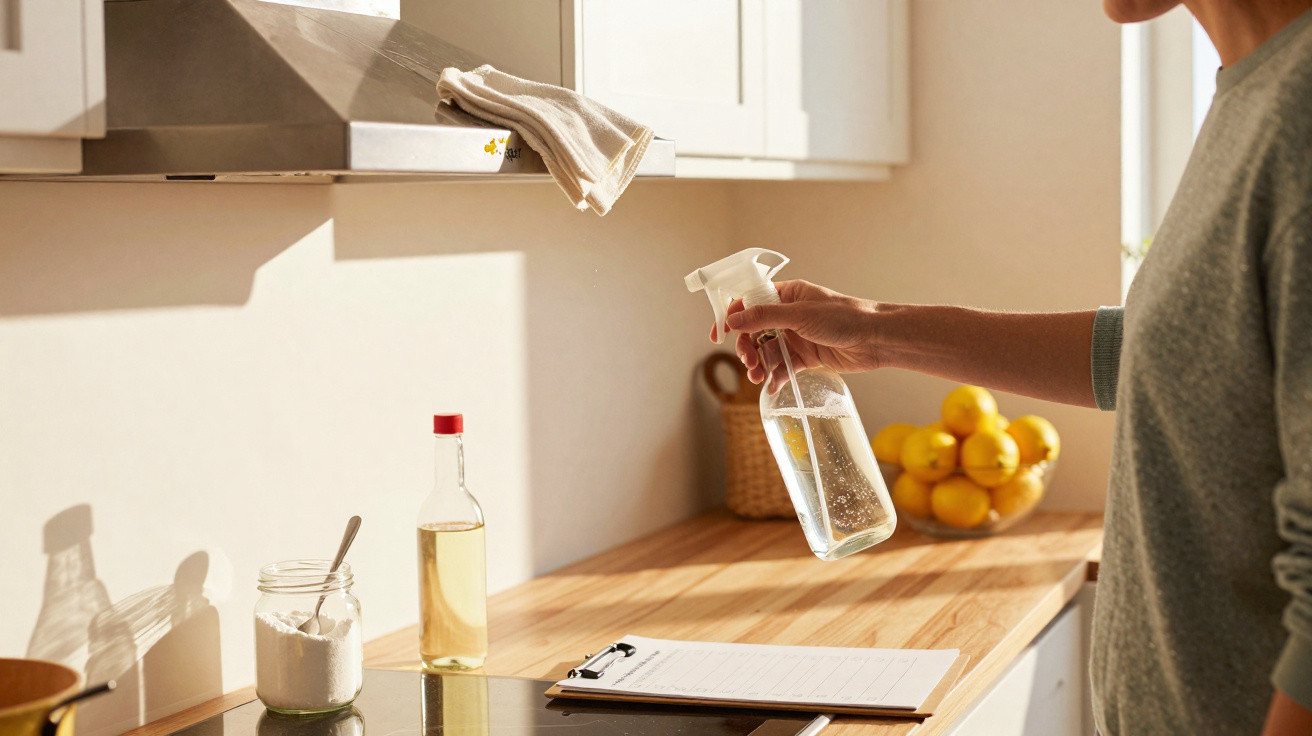 Pessoa segurando borrifador transparente em cozinha iluminada, com ingredientes e caderno na bancada de madeira.