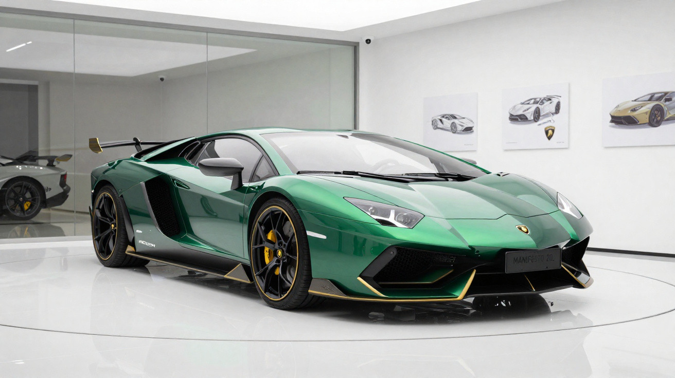 Carro esportivo Lamborghini verde metálico exibido em showroom branco, com detalhes dourados e rodas pretas.