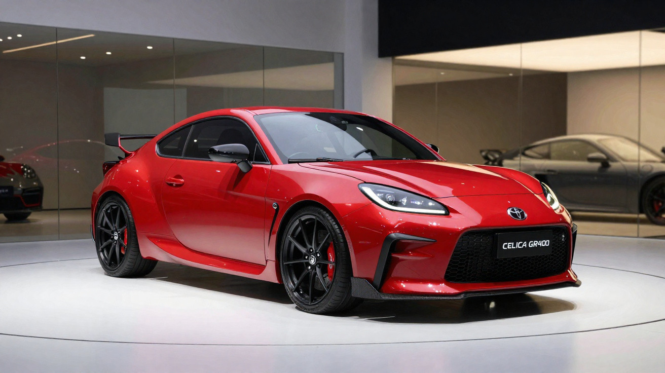 Carro esportivo vermelho Toyota Celica GR 400 exibido em salão moderno com piso branco e espelhos.