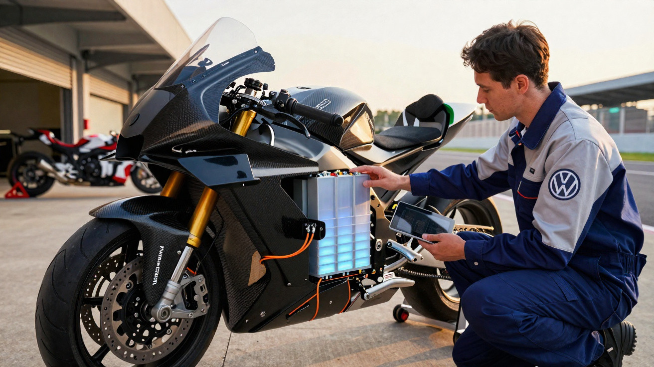 Homem em uniforme da Volkswagen inspeciona bateria azul em motocicleta elétrica preta.