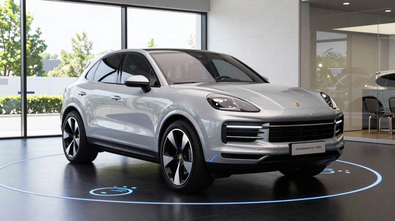 SUV Porsche Cayenne Turbo prata exposto em showroom moderno com vidro e plantas ao fundo.