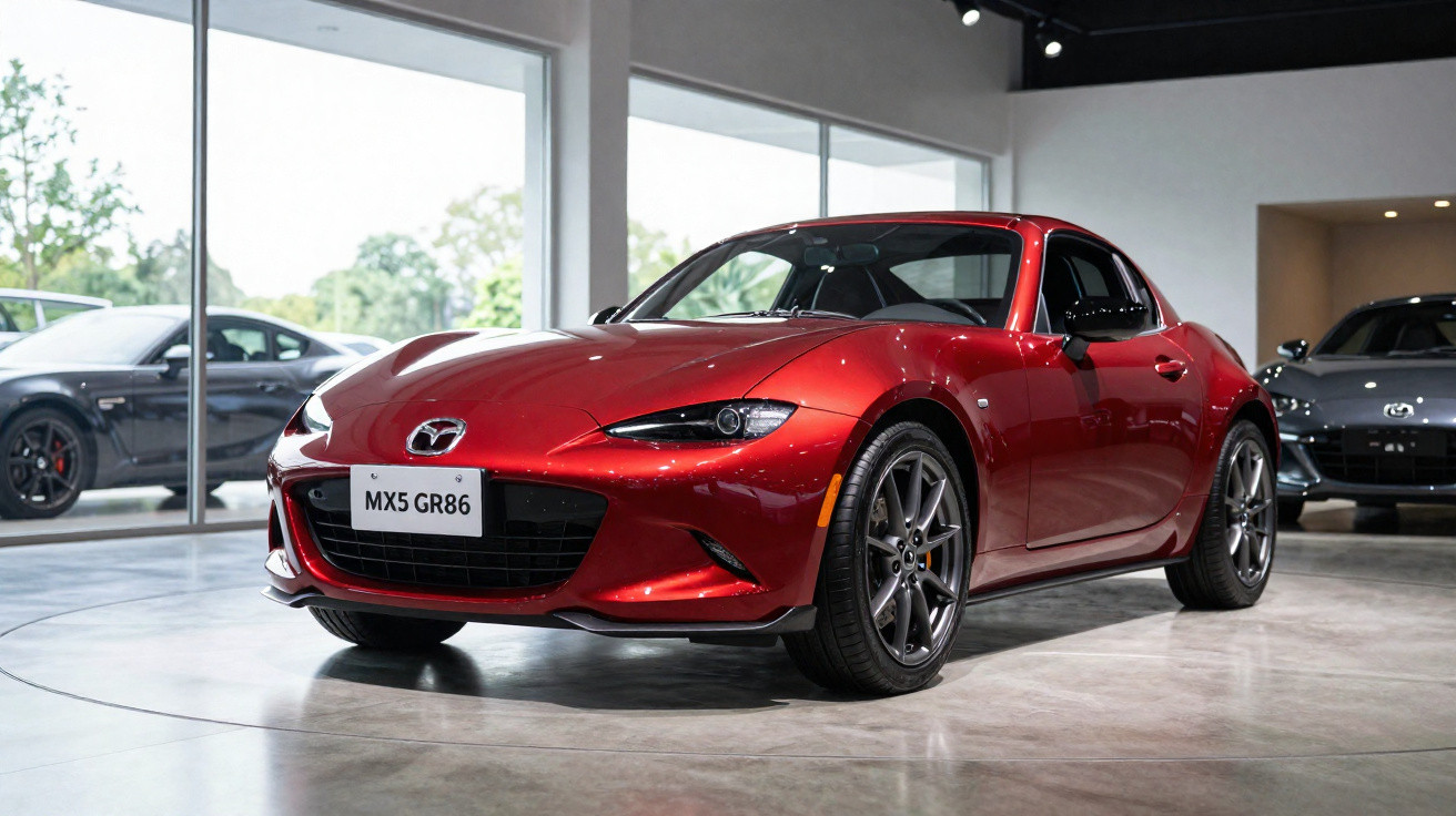 Carro esportivo Mazda MX5 GR86 vermelho exibido em showroom moderno com piso de concreto polido.