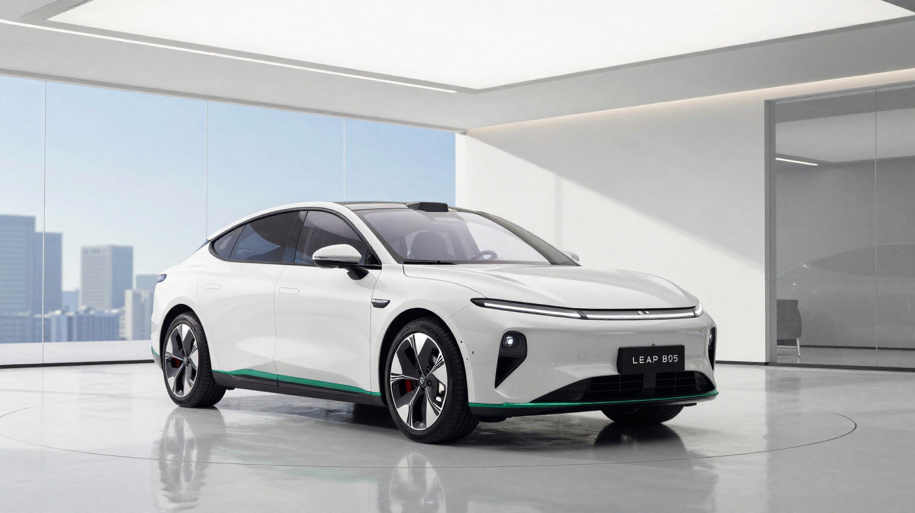 Carro elétrico branco modelo LEAP B05 exibido em ambiente interno moderno com janelas grandes.