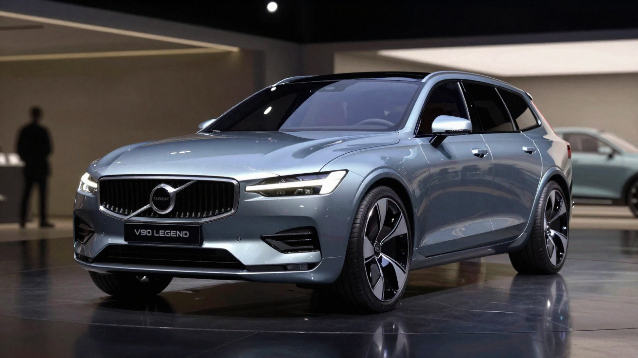 Carro Volvo V90 Legend prata exposto em ambiente interno com piso refletivo e iluminação suave.