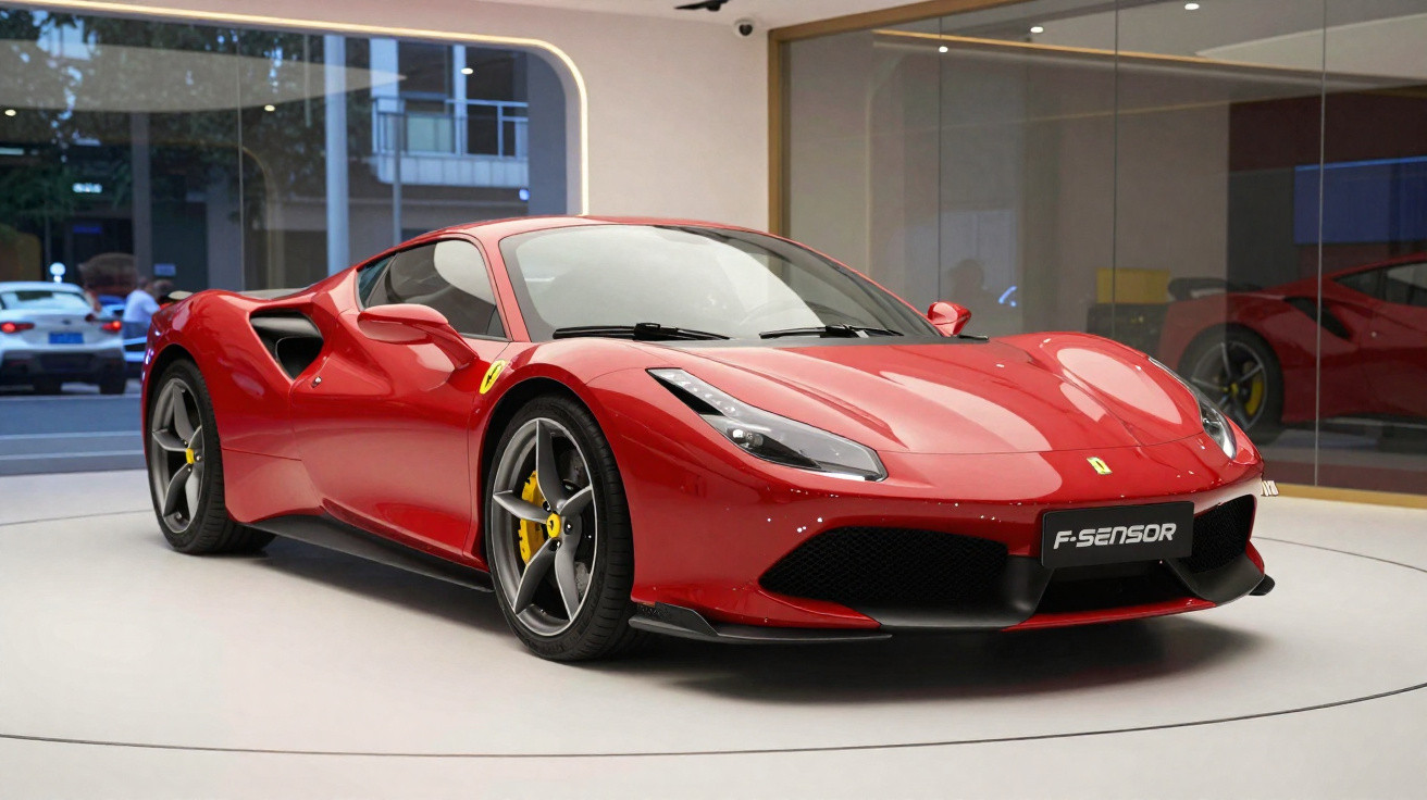 Carro esportivo Ferrari vermelho em exposição com detalhe das rodas e logotipo F-Sensor.
