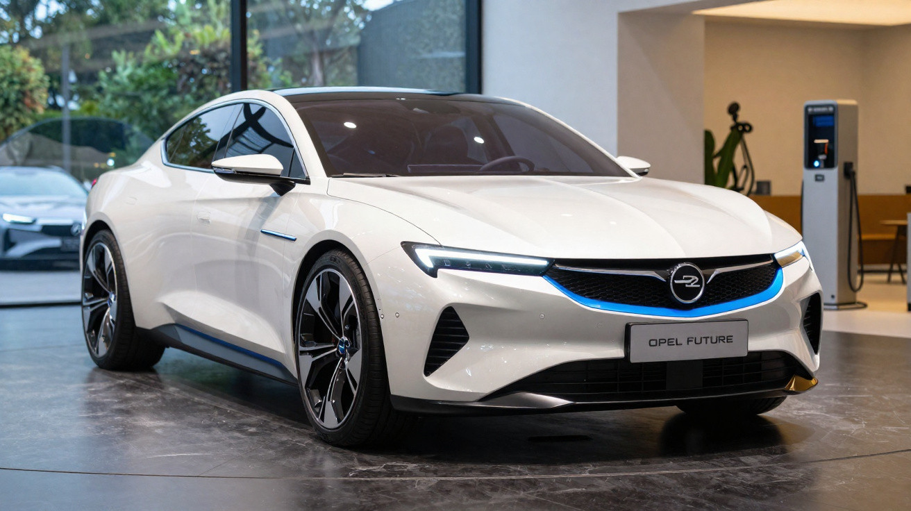 Carro elétrico branco Opel Future estacionado em ambiente interno com carregador ao fundo.
