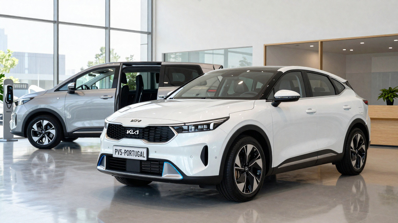 Carro elétrico branco da Kia em exposição interna com outro veículo ao fundo próximo a carregador.