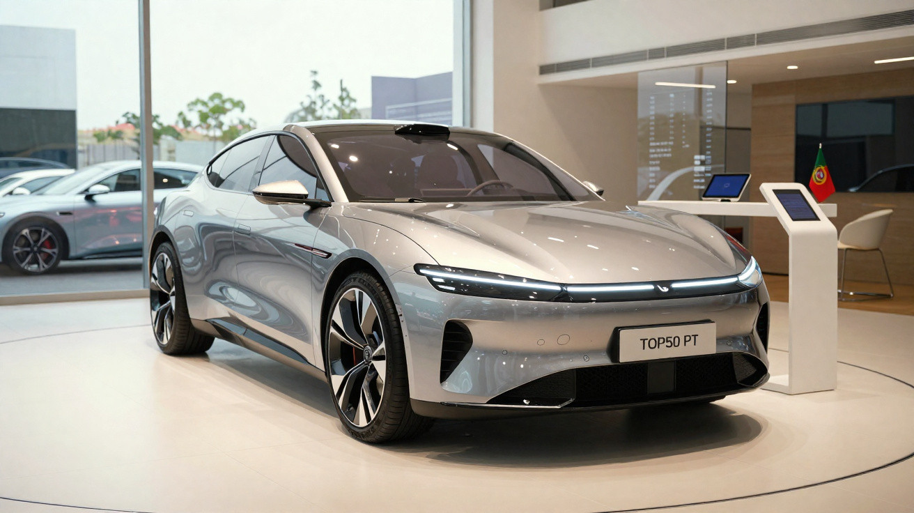 Carro elétrico cinza moderno em exposição em ambiente interno com placa com inscrição TOP50 PT.