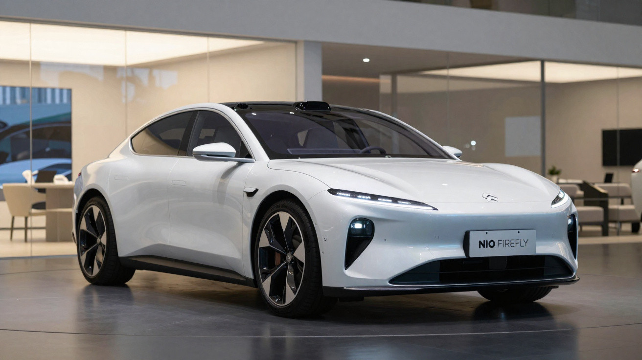 Carro elétrico branco NIO Firefly estacionado em showroom moderno e iluminado.
