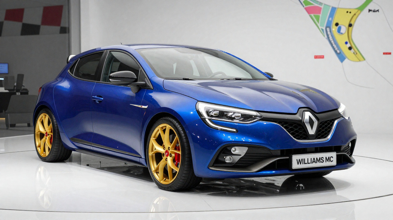 Carro esportivo Renault Williams MC azul com rodas douradas em exposição interna.