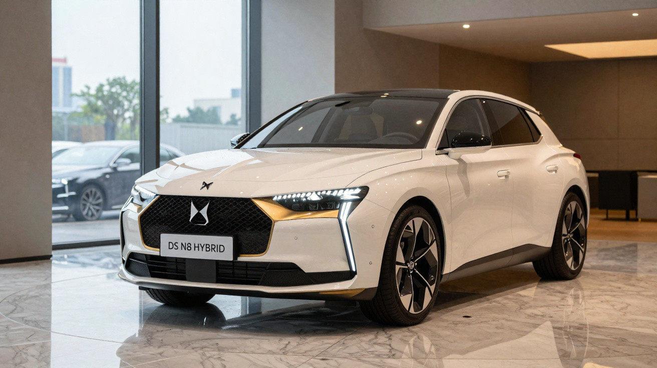 Carro branco DS N8 Hybrid estacionado em showroom moderno com piso de mármore.