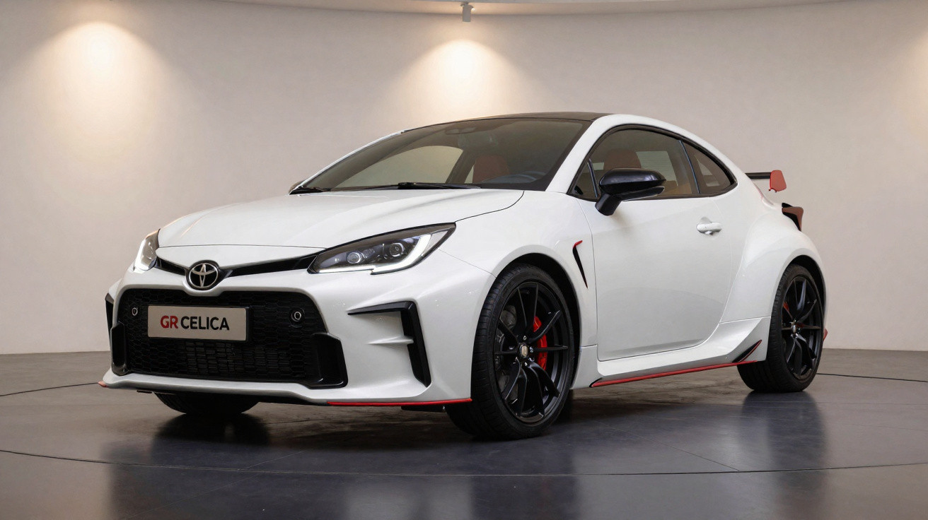 Carro esportivo Toyota GR Celica branco estacionado em ambiente interno com chão escuro e parede clara.