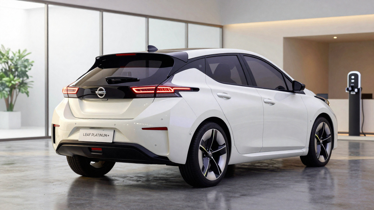 Carro elétrico branco Nissan Leaf Platinum+ estacionado em garagem moderna com estação de recarga.