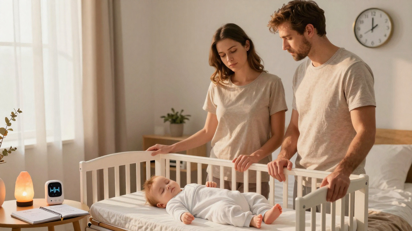 Casal observando bebê dormir no berço em quarto tranquilo e iluminado pela luz natural.