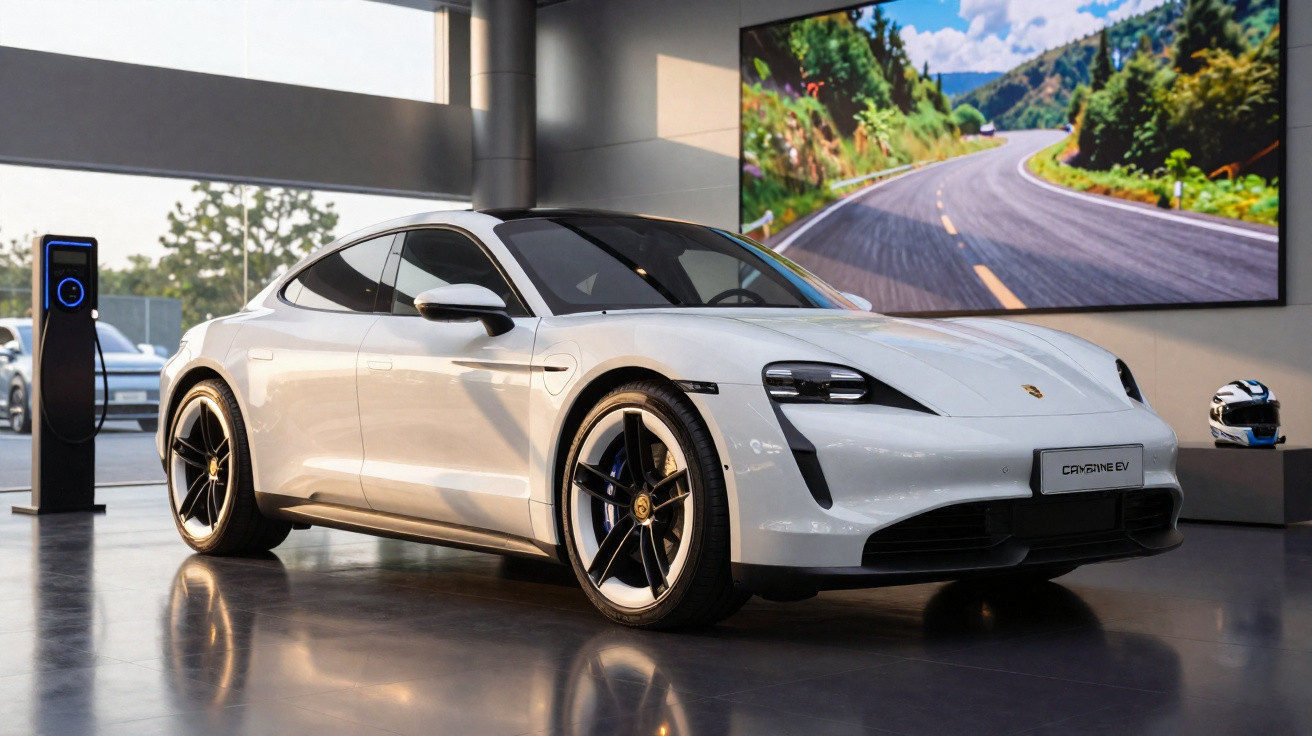 Carro elétrico branco Porsche Taycan EV em showroom moderno com tela de estrada ao fundo.