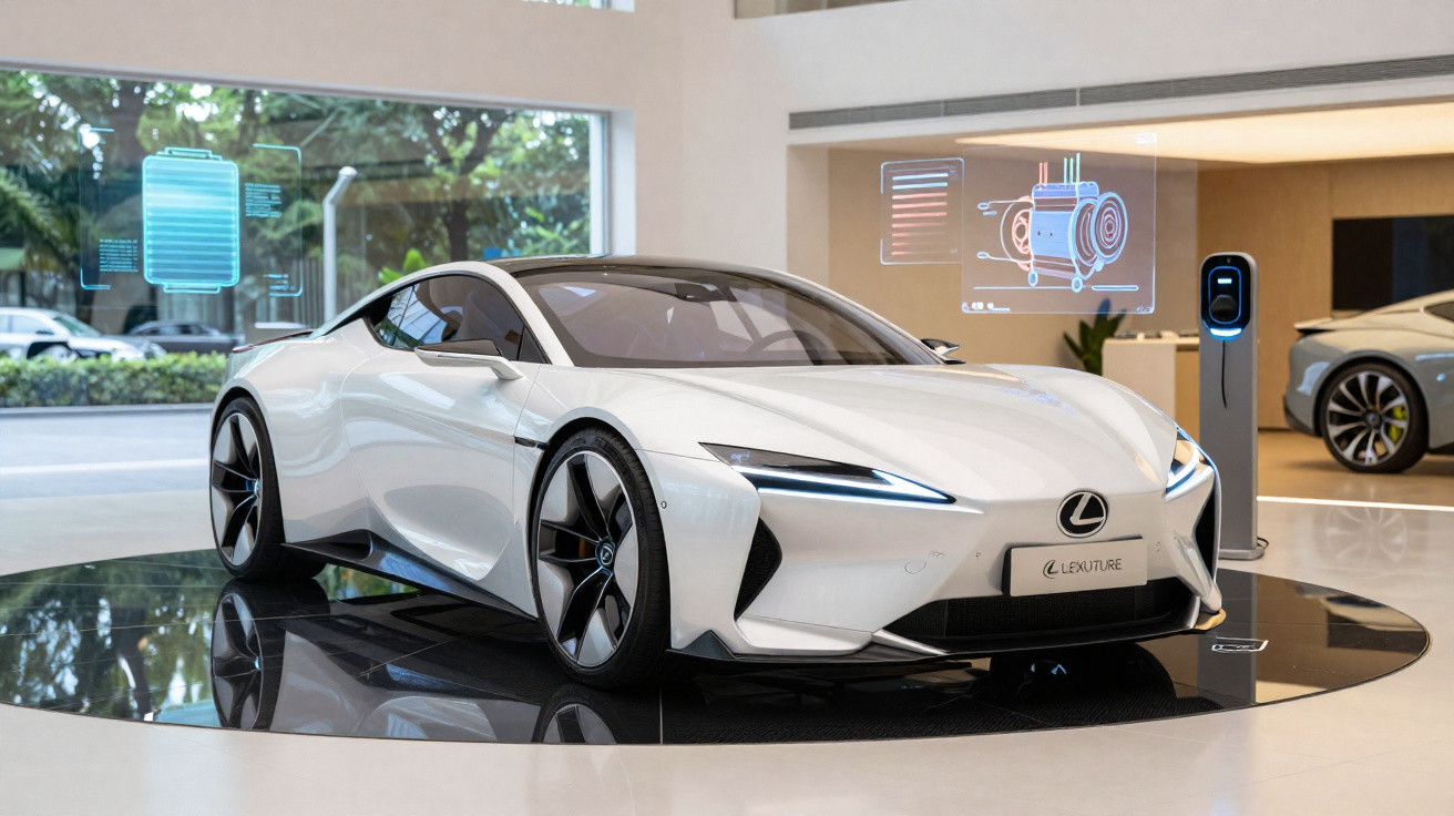 Carro elétrico branco Lexus em exposição com gráficos digitais futuristas ao redor.