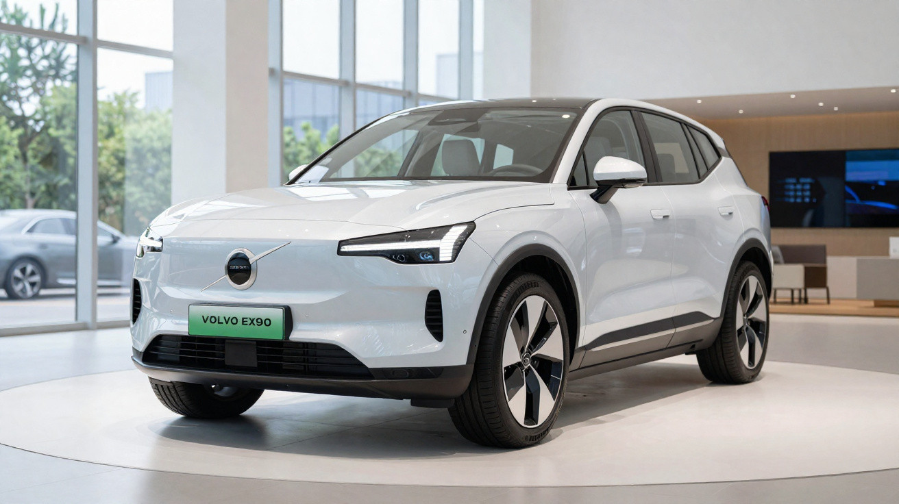 Carro elétrico Volvo EX90 branco exposto em salão moderno com janelas grandes e piso claro.
