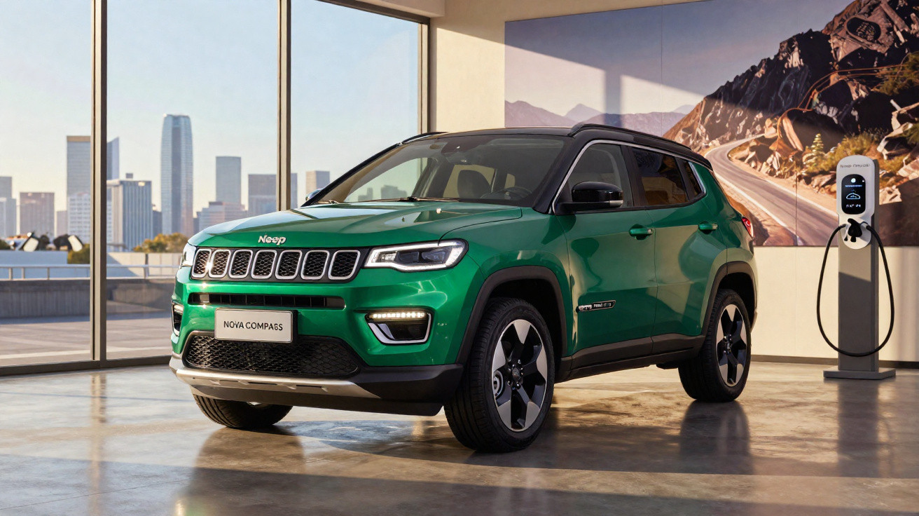 SUV verde Jeep Nova Compass estacionado em showroom moderno com carregador elétrico ao lado.