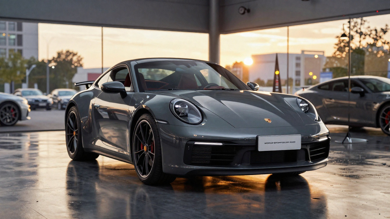 Carro esportivo Porsche cinza estacionado em showroom com iluminação natural do pôr do sol.