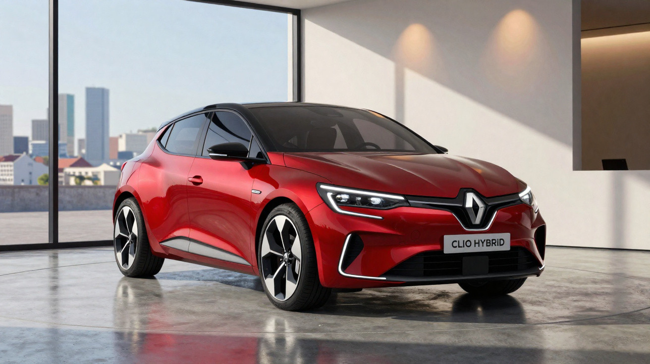 Carro hatchback vermelho Renault Clio Hybrid estacionado em ambiente interno moderno com parede branca e janela grande.